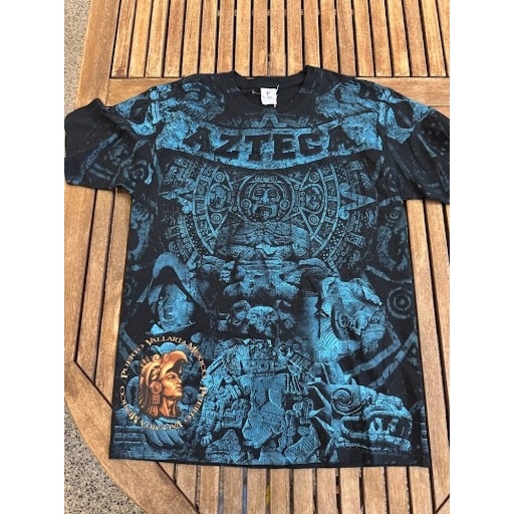 Vintage Azteca Puerto Vallarta Mexico All-Over Print T-Shirt Black/Blue Yazbek L